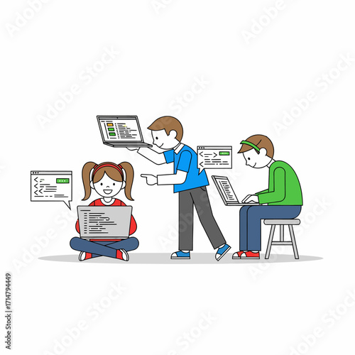 Cartoon illustration of three young students learning to code together on laptops.