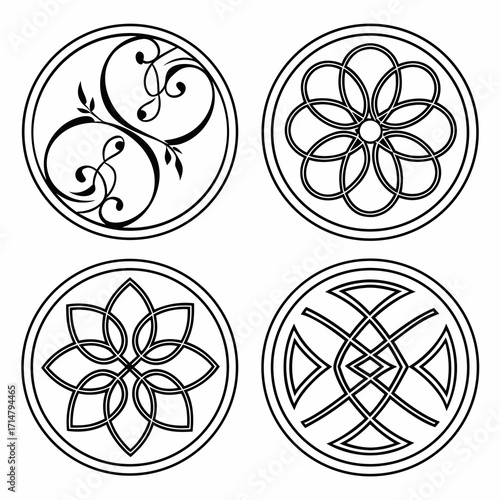 Four circular designs with floral and knot motifs