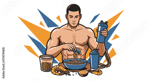 Muscular Man Preparing a Healthy Meal with Shrimp and Protein Shake Illustration
