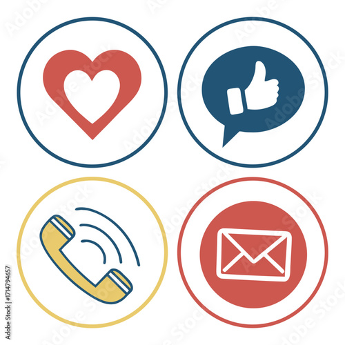 Contact methods icons featuring heart, like, phone, and email