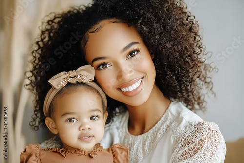 Mother and Child Share a Loving Embrace With Joyful Smiles at Home in Soft Na...
