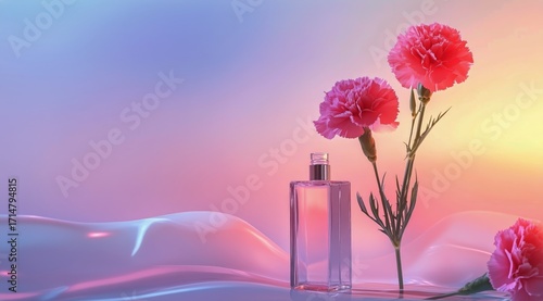 Captivating Perfume Bottle Surrounded by Pink Carnations and Water Droplets i...