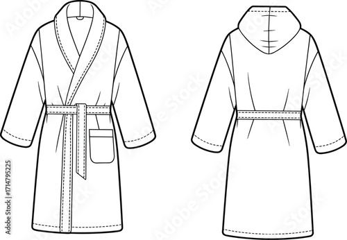 bathrobe, robe, hooded, shawl, collar, belted, pocket, long, sleeve, loungewear, homewear, cozy, warm, fashion, clothing, apparel, vector, design, sketch, illustration
