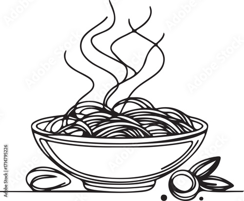 Bowl of spaghetti isolated on white background, a simple black and white drawing