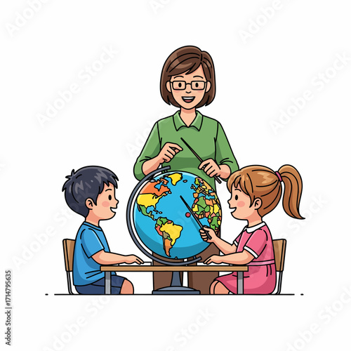 A teacher points to a globe while teaching two students in a classroom setting.