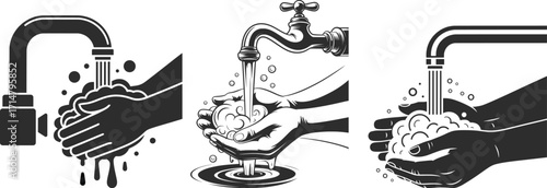 Hand Washing Illustration Set, Hygiene Soap and Water Icons.
