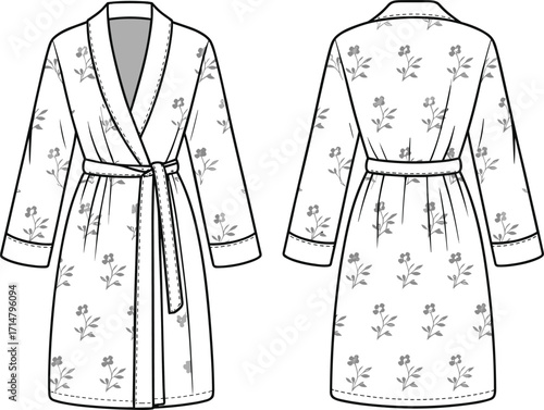 bathrobe, robe, womenswear, fashion, clothing, apparel, garment, floral, print, pattern, shawl, collar, sleeve, belt, stylish, cozy, front, back, vector, illustration