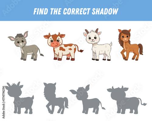 Find correct shadow of cute cartoon animal. Educational logical game for kids. Funny farm animal. Donkey, goat. cow.horse. Vector illustration