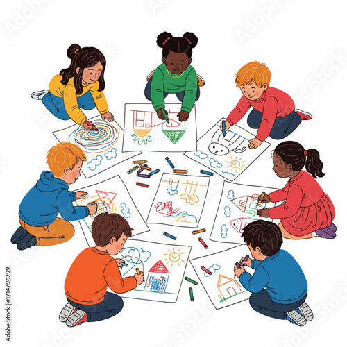 A diverse group of young children sitting in a circle on the floor, happily drawing pictures with colorful crayons.