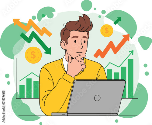 Financial analysis concept, thoughtful person, market trends, investment strategy, economic planning, laptop user, bar chart, dollar signs, decision-making, data visualization