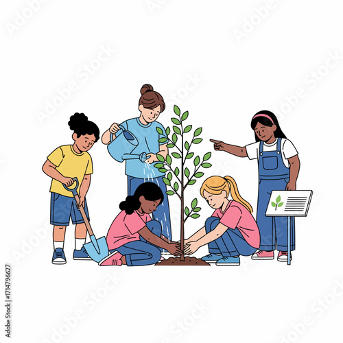 Group of diverse children planting a tree together, promoting environmental awareness and teamwork.