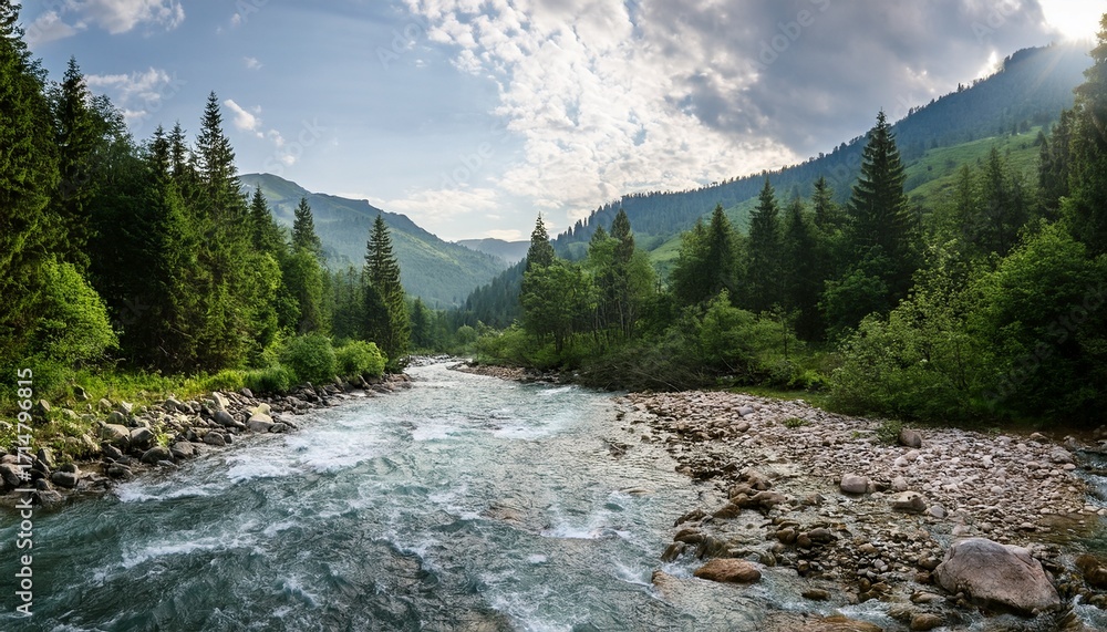 Obraz premium Mountains River In Forest