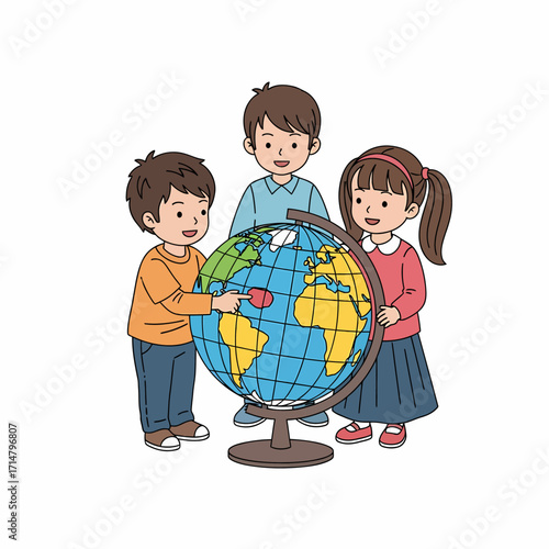 Three curious children, two boys and a girl, learning about geography together while looking at a world globe.