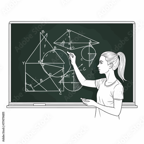 A young woman with her hair in a ponytail, wearing a t-shirt, is drawing geometric shapes and formulas on a blackboard with chalk.
