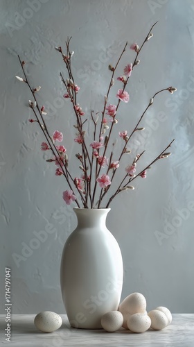 Beautiful Spring Vase With Decorative Branches and Colorful Eggs Arranged on ...