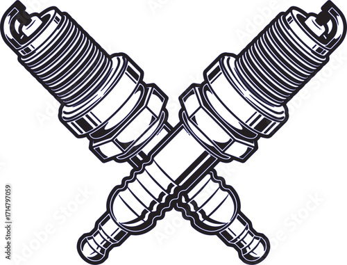 Crossed Spark Plugs Illustration Automotive Ignition Parts Symbol Black and White