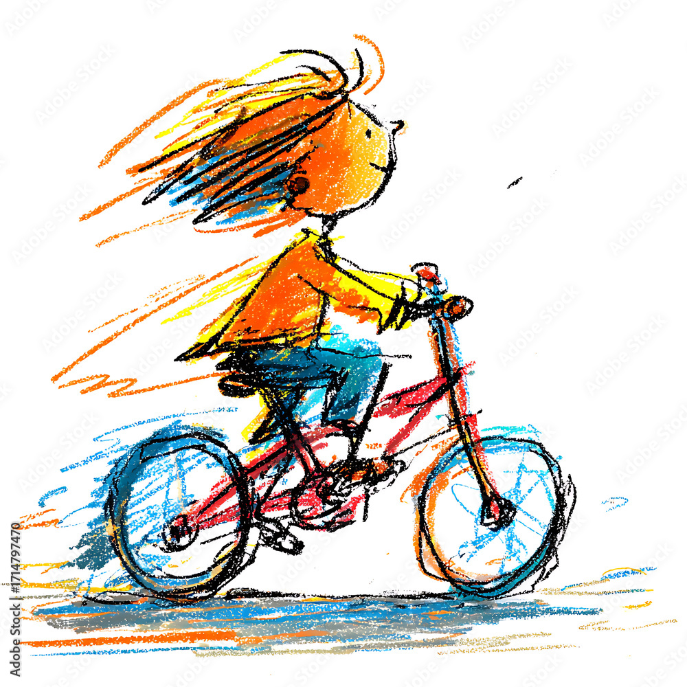 Fototapeta premium A Child Riding A Bicycle Childlike Drawing