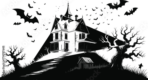 Spooky Haunted House with Flying Bats, Bare Trees, and Creepy Landscape – Black and White Halloween Vector Art