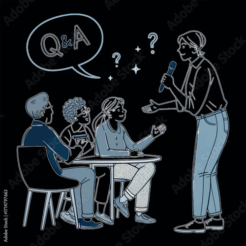Q&A Session: An illustration captures a dynamic Q&A session, where a presenter passionately engages with a diverse audience, fostering interaction and the exchange of ideas in a creative dialogue.