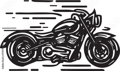 Stylized Monochrome Illustration of a Classic Motorcycle Moving Swiftly Through the Air