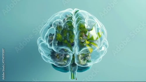 Human Brain with Green Plant and White Flower Inside on Blue Background Digital Art