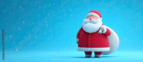 サンタクロースとプレゼント袋（雪の舞う青背景）｜Santa Claus with Gift Bag on Snowy Blue Background