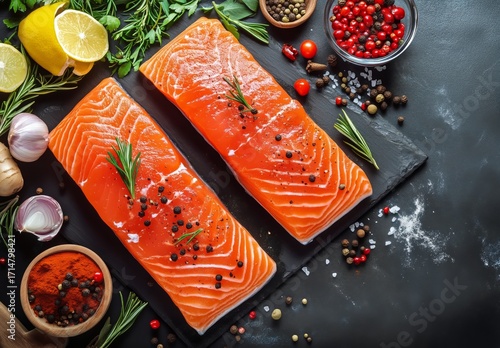 Fresh Salmon Fillets Arranged on a Dark Surface With Spices and Herbs Beside ...