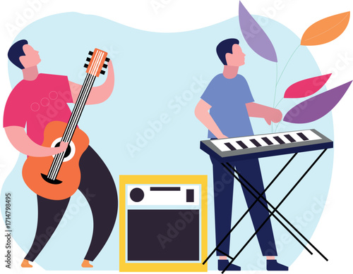 Boys playing guitar and piano.