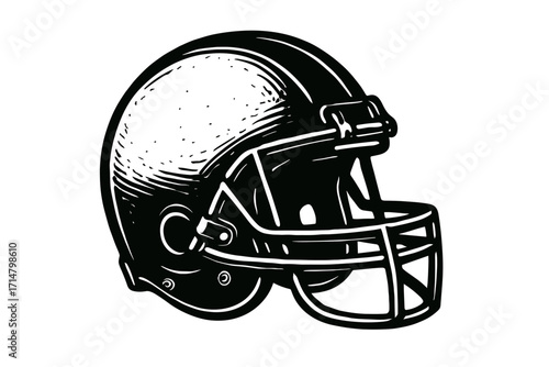 High Contrast Black and White Vector Illustration of American Football Helmet on White Background, Hand Drawn Engraving Sketch Style