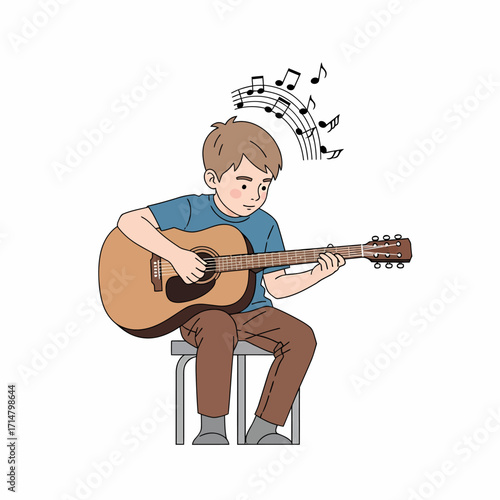 An illustration of a young boy sitting on a stool and playing an acoustic guitar with musical notes floating above.