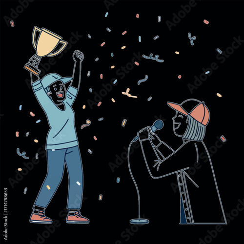 Celebrating with a Trophy: A jubilant person raises a golden trophy amidst confetti, alongside another who performs with a microphone, their smiles radiating joy and accomplishment. 