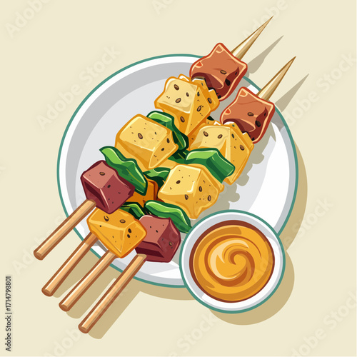 Modern Flat Design of Grilled Meat Satay with Sauce Bowl
