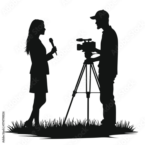 Silhouette of reporter interviewing cameraman with video camera on tripod