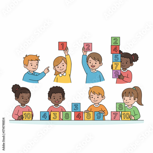 Diverse group of children learning to count and play with colorful numbered blocks, demonstrating early math skills and engagement.