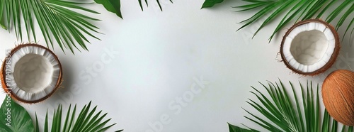 Fresh Coconuts and Tropical Leaves Arranged on a Light Background With a Natu...
