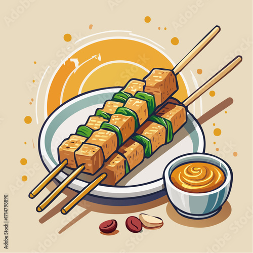 Flat Vector Illustration of Indonesian Satay Skewers with Peanut Sauce