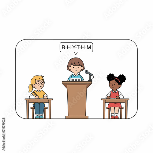 A spelling bee competition where a young girl is spelling the word RHYTHM at a podium, with two other students watching.