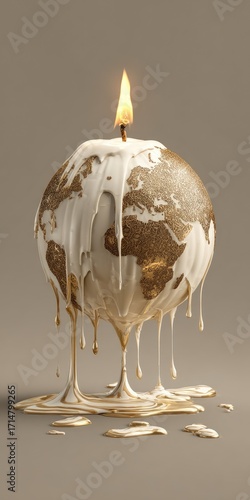 A globe-shaped candle, adorned with a golden map of the world, melts dramatically, symbolizing the effects of global warming and the fragility of our planet.