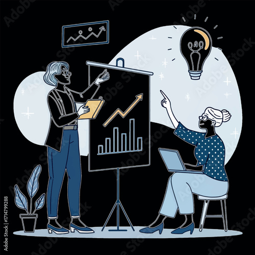 Strategic Partnership: Two figures, immersed in a productive meeting, exchange valuable insights, the air charged with collaborative energy, all set against an artistic backdrop.