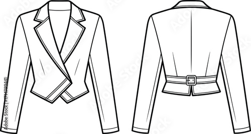 blazer, jacket, womenswear, fashion, tailoring, garment, clothing, apparel, coat, suit, formal, vector, design, sketch, outline, drawing, front, back, style, illustration