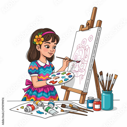 A young girl with a flower in her hair joyfully painting on a canvas with a palette and brush at a table full of art supplies.