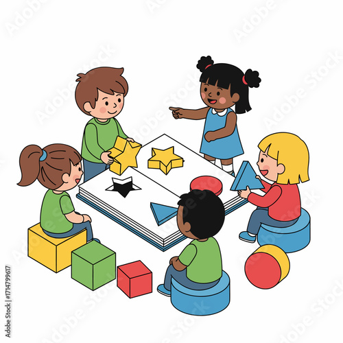 A diverse group of young children learning shapes together through a fun and interactive puzzle game.