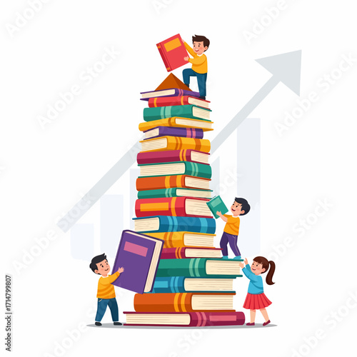 Children building a tall stack of books, symbolizing education, knowledge, and growth with an upward arrow.