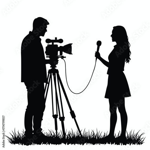 Silhouette of reporter interviewing cameraman with video camera