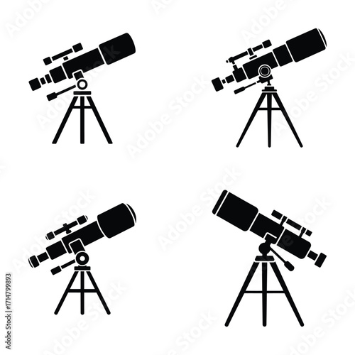 Silhouette illustrations of telescopes on tripods against bundle set.