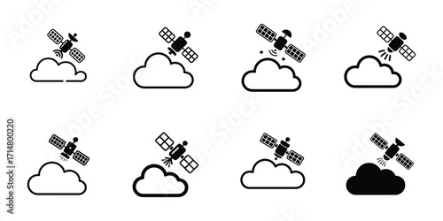 Collection of stylized satellite icons hovering above simple cloud shapes in a grid layout