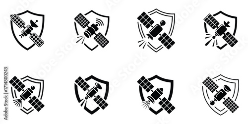 Set of eight stylized shield icons with satellite symbols representing security and protection of space assets
