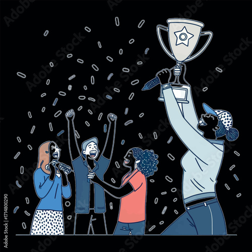 Triumphant Team with Trophy: A group of animated figures celebrate a major win, raising a trophy amidst a shower of confetti, exuding energy and achievement.