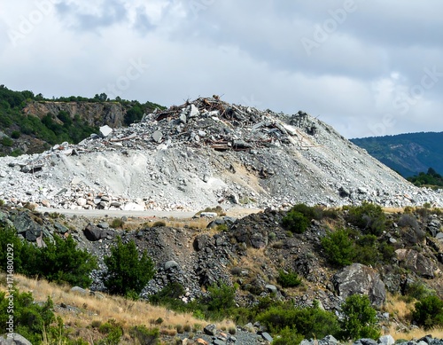 Quarry debris hill under cloudy sky