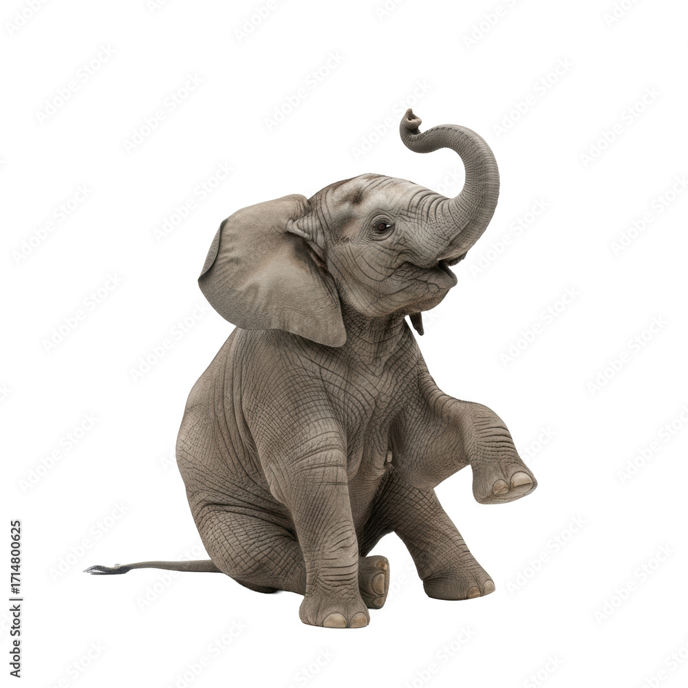 Obraz premium A juvenile elephant with grey skin & fanning ears, playfully seated with a lifted leg and curled trunk, isolated on a transparent studio background with soft high-key lighting, concept of playful